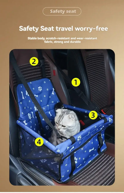 Pet Booster Seat – Safer Rides + Adjustable Seat Belt blue breathable car booster seat with cat secured by adjustable safety belt
