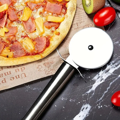 Pizza Cutter Wheel – Mess-Free Slices + Stainless Steel Construction close-up of stainless steel pizza cutter wheel beside pizza