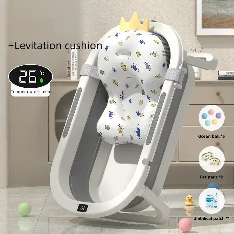 Foldable baby bath tub with levitation cushion, temperature screen, and colorful design for toddlers.