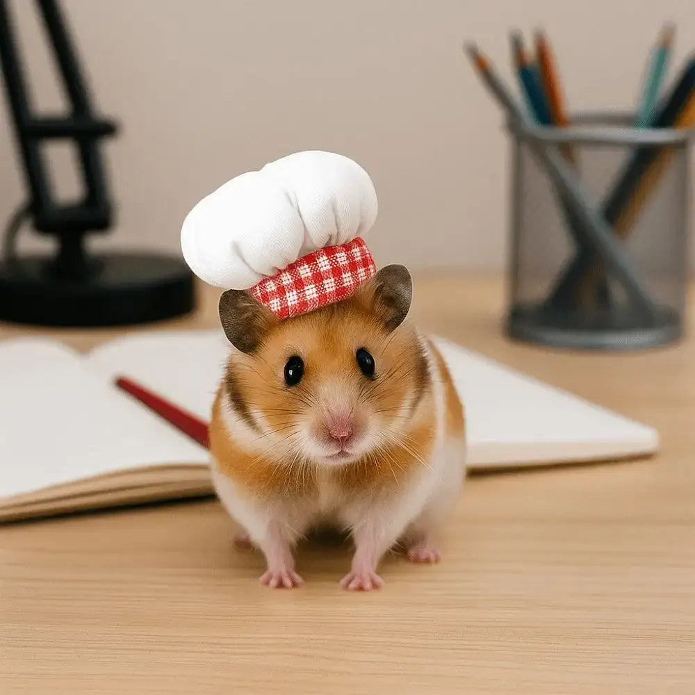 Hamster Chef Hat – Breathable Comfort All Day Wear + Adjustable Fit For Plush Ears cute hamster in chef hat sitting on desk, breathable adjustable band