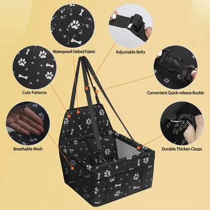 Pet Booster Seat – Safer Rides + Adjustable Seat Belt black paw-print booster seat with breathable mesh, adjustable belts, quick-release buckle, durable fabric