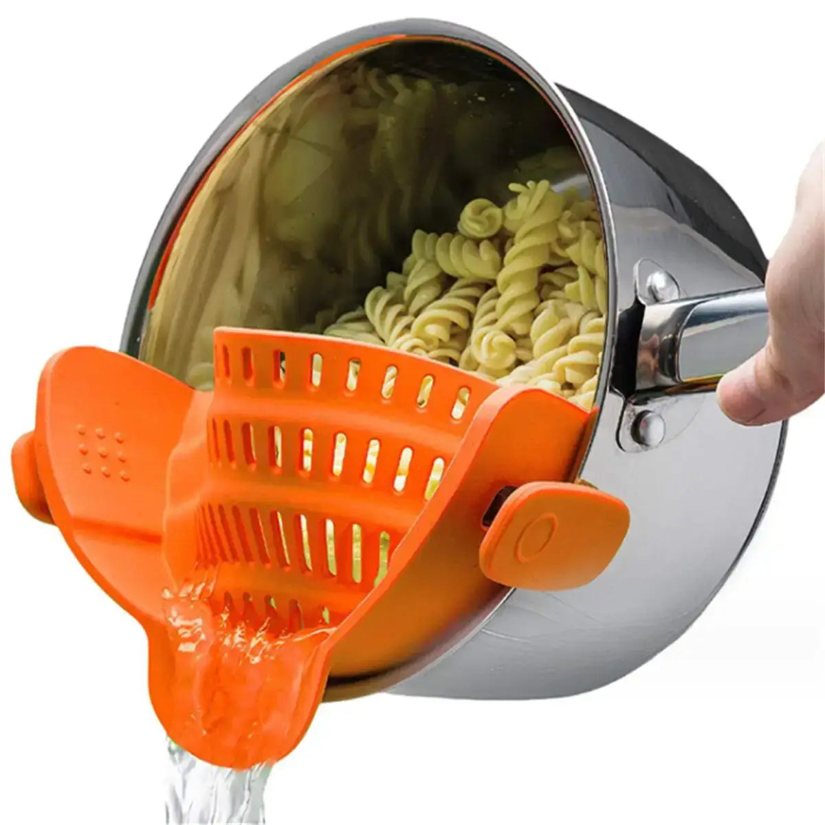 Pot Strainer – Mess-Free Draining + Clip-On Adjustable Stainless Steel clipped to pot draining pasta mess-free