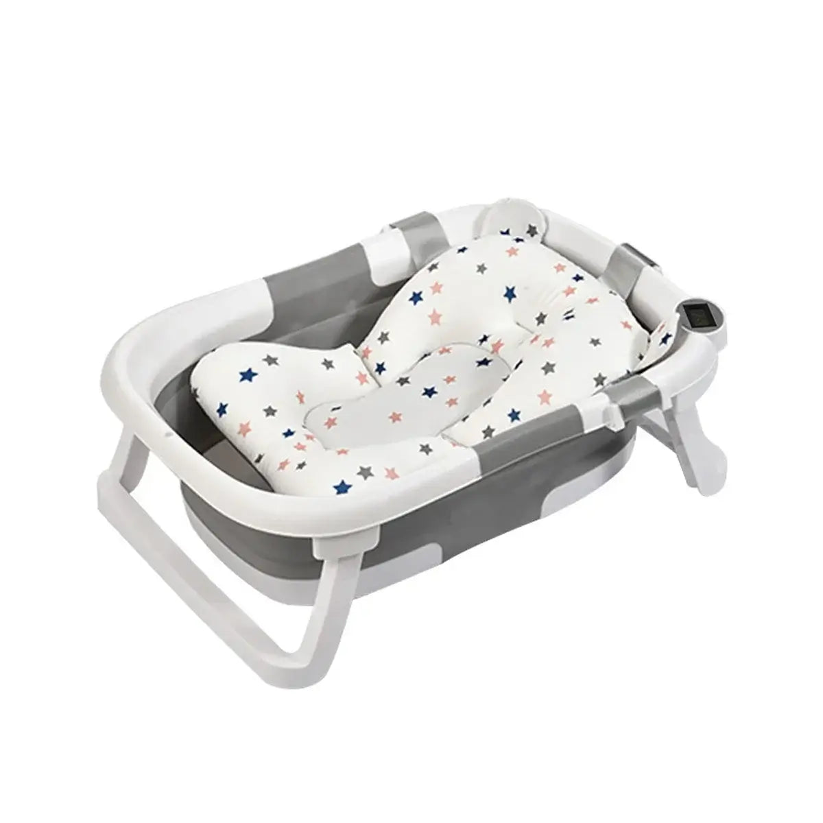 Foldable newborn baby bath tub with cushioned star-patterned interior for comfort and support during bath time.