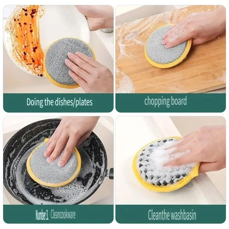 Sponge Scourers – Mess-Free Everyday Cleaning + Dual-Sided Design showing hands scrubbing dishes, pans, cutting board and sink with 10pc dual-sided sponges