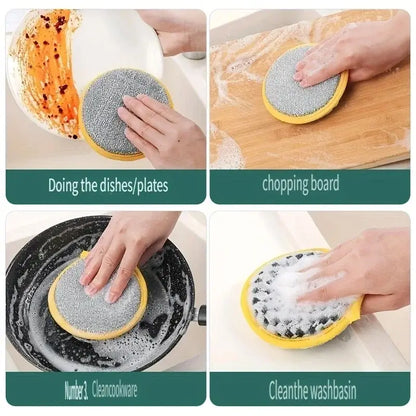Sponge Scourers – Mess-Free Everyday Cleaning + Dual-Sided Design showing hands scrubbing dishes, pans, cutting board and sink with 10pc dual-sided sponges