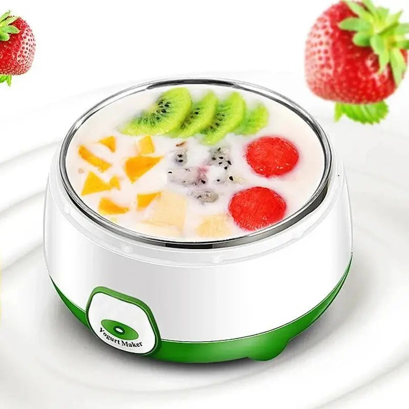 Automatic Yogurt Maker – Creamy, Silky Yogurt Texture + 1L Stainless Steel Liner small white-green unit with fruit-topped creamy yogurt