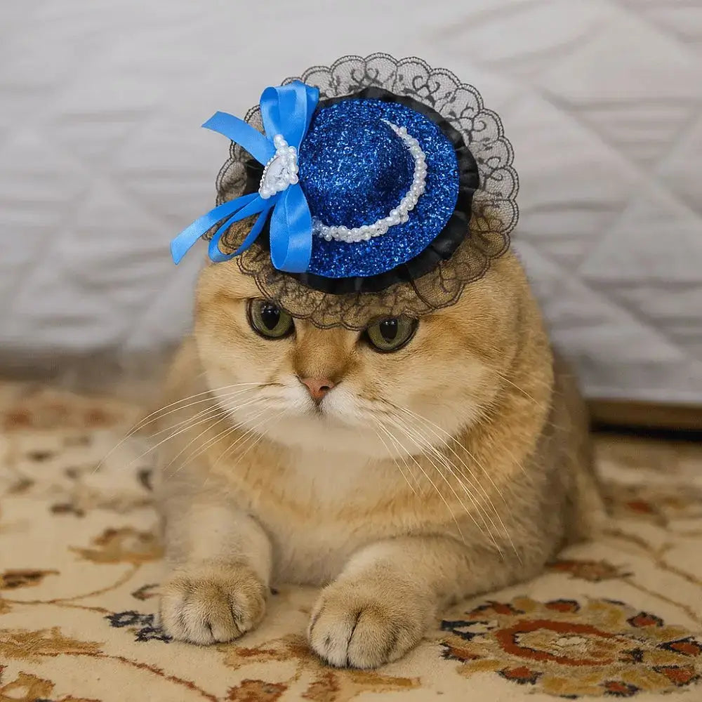 Pet Halloween Hat – Festive Shimmer + Adjustable Elastic Band For Cats And Small Pets - blue sequin British lace cat hat with elastic buckle