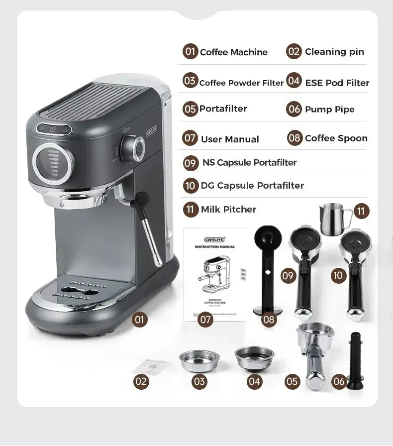 Espresso Machine – Cafe-Quality Drinks + 4-In-1 Capsule Pod NES ESE Ground Coffee with stainless steel housing and accessories