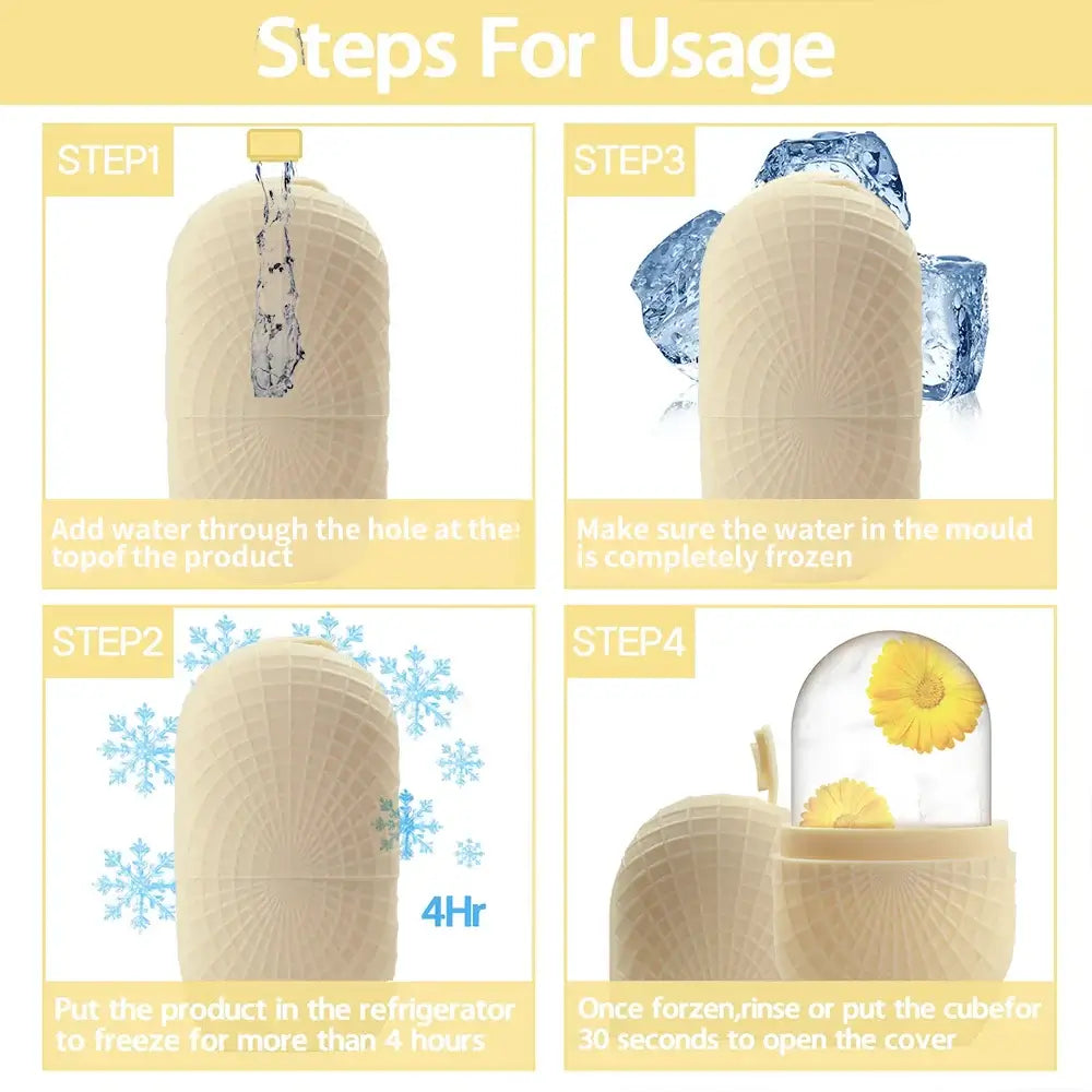 Premium Face Ice Roller For Face And Eyes – Cooling + Leak-Proof Silicone Ice Mold usage steps showing fill, freeze, and open instructions