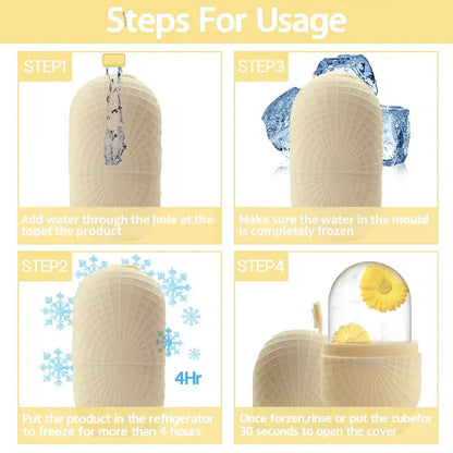 Premium Face Ice Roller For Face And Eyes – Cooling + Leak-Proof Silicone Ice Mold usage steps showing fill, freeze, and open instructions