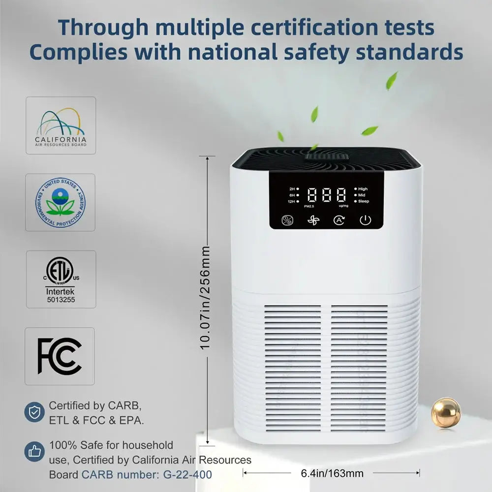 HEPA air purifier for smoke odor removal with negative ion generator and certifications from CARB, ETL, FCC, and EPA.