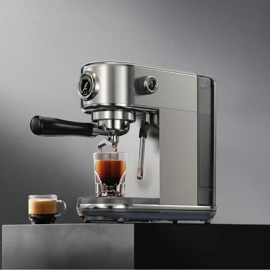 Semi Automatic Espresso Machine – Temperature Adjustable + 20 Bar Extraction stainless steel machine pouring espresso with portafilter and steam wand
