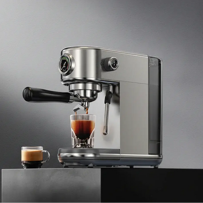 Semi Automatic Espresso Machine – Temperature Adjustable + 20 Bar Extraction stainless steel machine pouring espresso with portafilter and steam wand