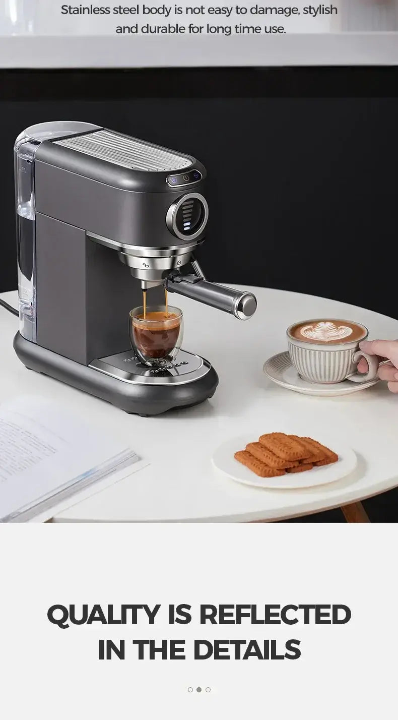 Espresso Machine – Cafe-Quality Drinks + 4-In-1 Capsule Pod NES ESE Ground Coffee sleek stainless 2-cup espresso and cappuccino machine on kitchen counter