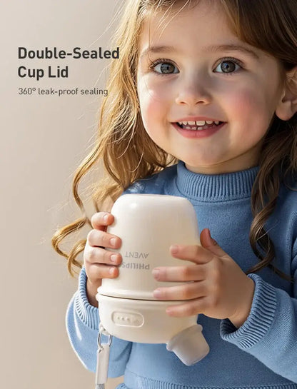 Avent Kids Vacuum Bottle For All-Day Temperature Control with double-sealed cup lid ensuring leak-proof sealing.