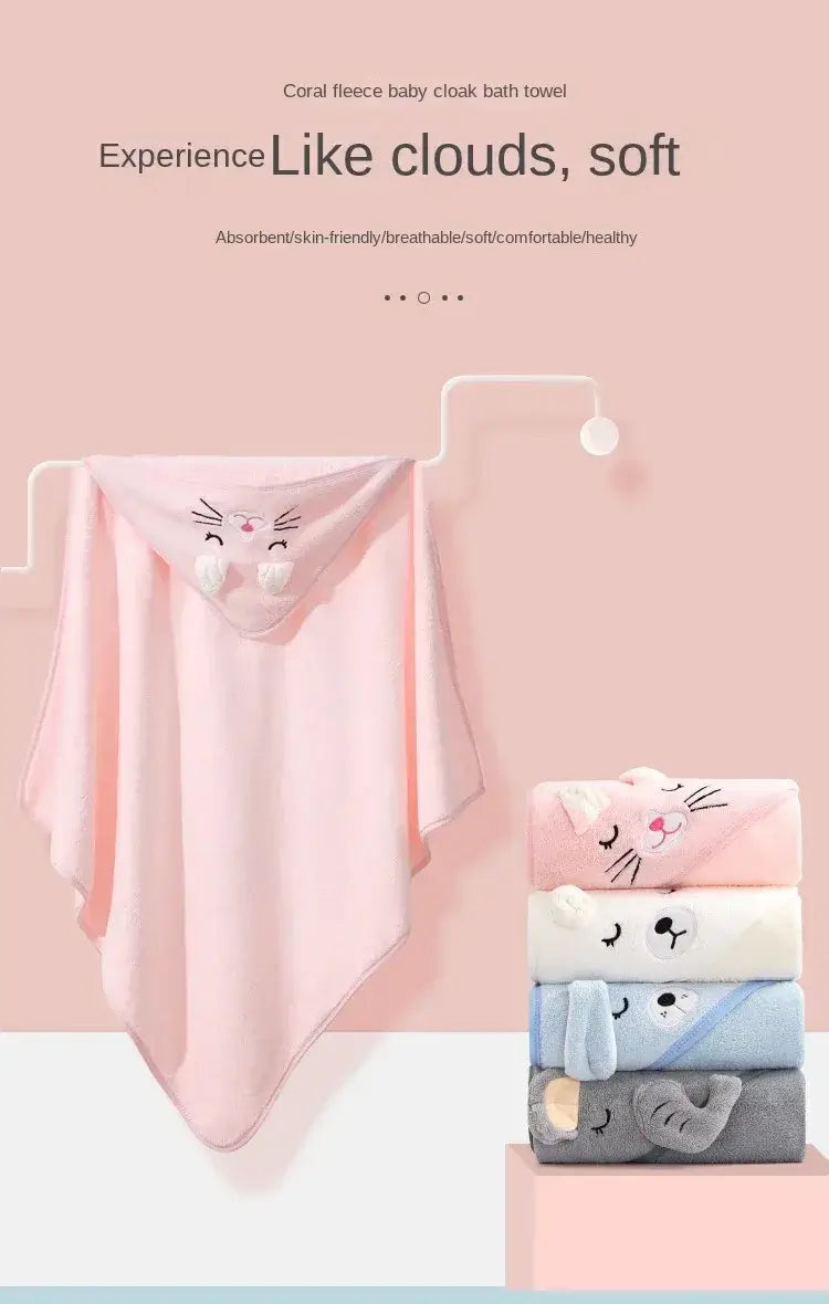 Baby Bath Towel – Luxuriously Ultra-Soft For Delicate Baby Skin + Hooded Design, 80x80 cm - pink hooded baby towel with animal face and folded pastel stack