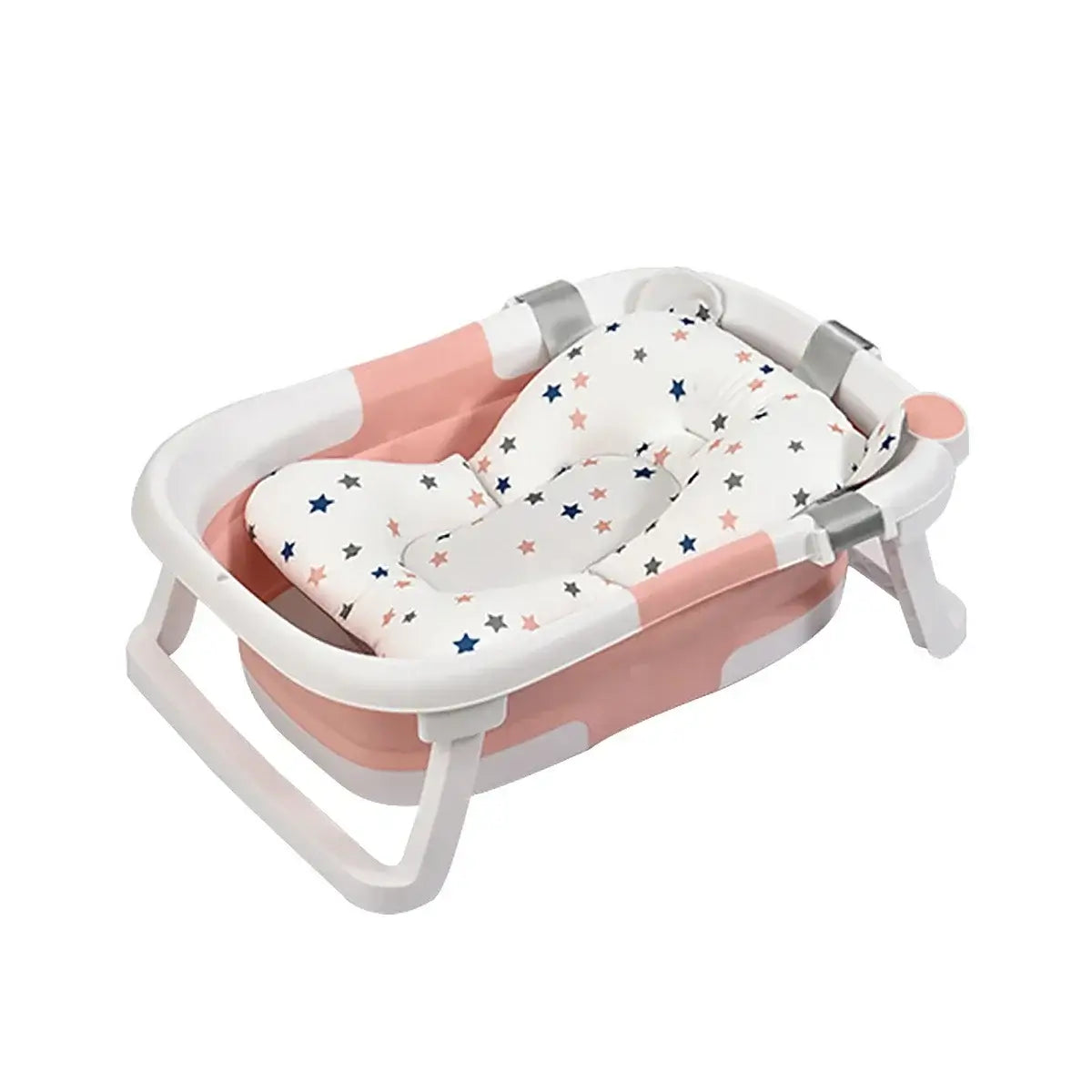 Foldable newborn baby bath tub with a comfortable star-patterned cushion for infants.