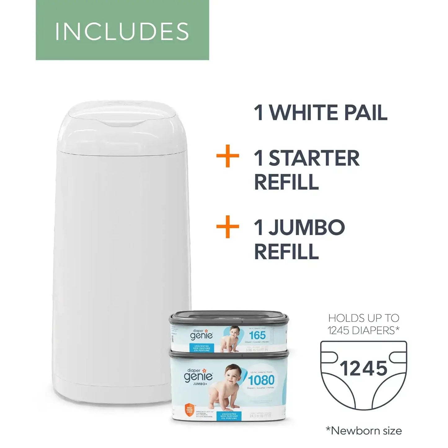 FreshNest Odor Locking Diaper Pail Gift Set With Extra Refills white pail with starter and jumbo refills, holds up to 1,245 newborn diapers