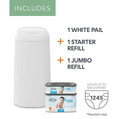 FreshNest Odor Locking Diaper Pail Gift Set With Extra Refills white pail with starter and jumbo refills, holds up to 1,245 newborn diapers
