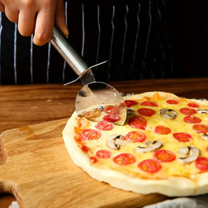 Pizza Cutter Wheel – Mess-Free Slices + Stainless Steel Construction cutting pizza on wooden board, stainless steel wheel for clean slices