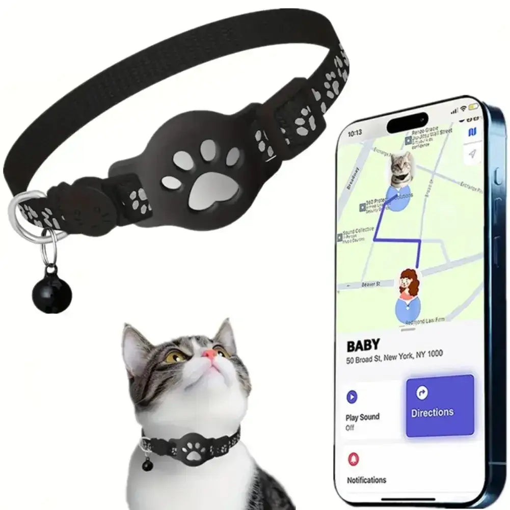 Pet GPS Tracker – Anti-Lost Real-Time Alerts + Waterproof Mini Collar showing waterproof mini collar, app map, and cat