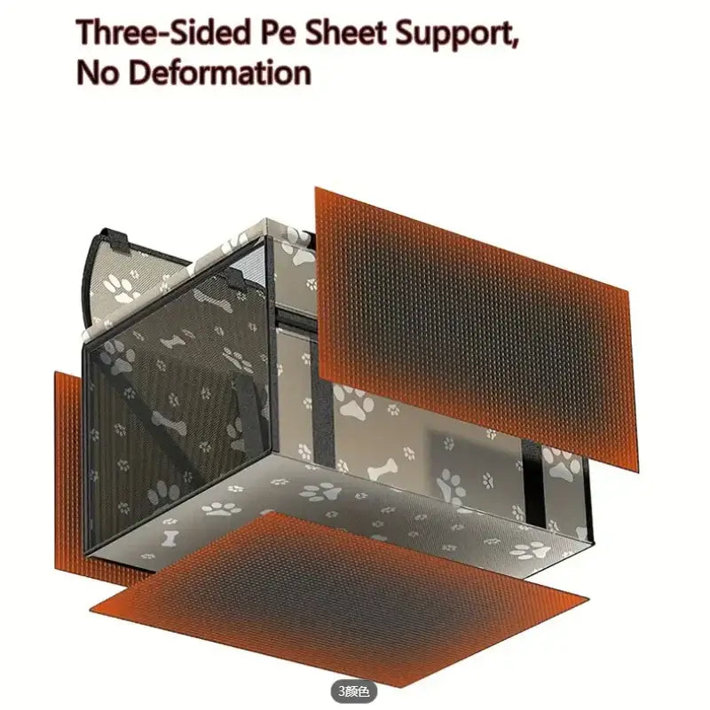 Pet Booster Seat – Safer Rides + Adjustable Seat Belt portable breathable booster showing three-sided PE sheet support and anti-deformation panels