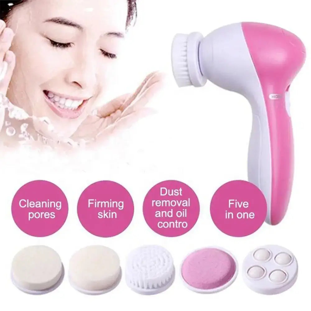 5-in-1 Electric facial cleansing brush and massager compact pink device with five brush heads for deep cleansing and massage
