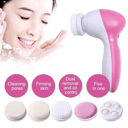 5-in-1 Electric facial cleansing brush and massager compact pink device with five brush heads for deep cleansing and massage