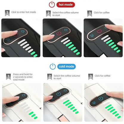 Fresh Coffee in Seconds – Nespresso & Dolce Gusto Compatible HiBREW 5‑in‑1 machine control panel showing hot and cold mode steps
