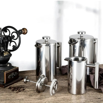 French Press – Longer Heat Retention For Hot, Aroma-Packed Brews + Double-Walled Stainless Steel stainless steel 1.0L French press set on wooden table