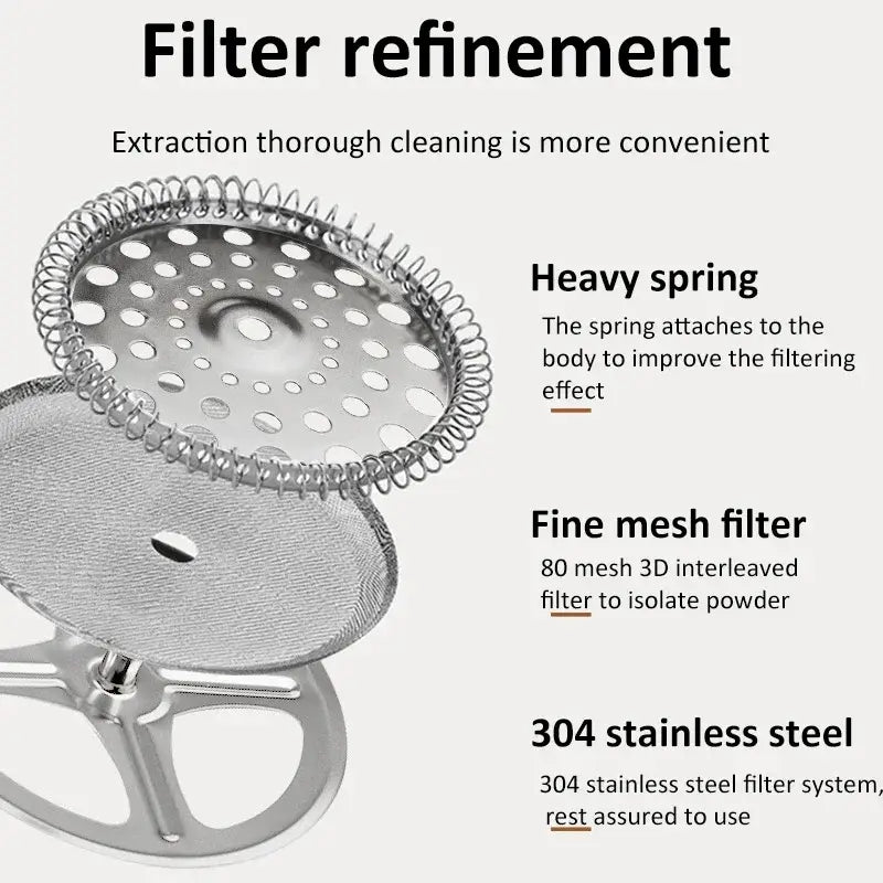 French Press - Bold Flavor + Heat Resistant Borosilicate Glass metal filter assembly showing heavy spring, fine mesh filter, and 304 stainless steel parts
