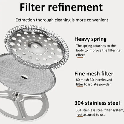 French Press - Bold Flavor + Heat Resistant Borosilicate Glass metal filter assembly showing heavy spring, fine mesh filter, and 304 stainless steel parts