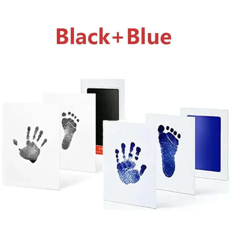 Baby Inkless Handprint Kit for Keepsakes – Mess-Free Prints + No-Touch Inkless Printing showing black and blue hand and foot keepsake prints