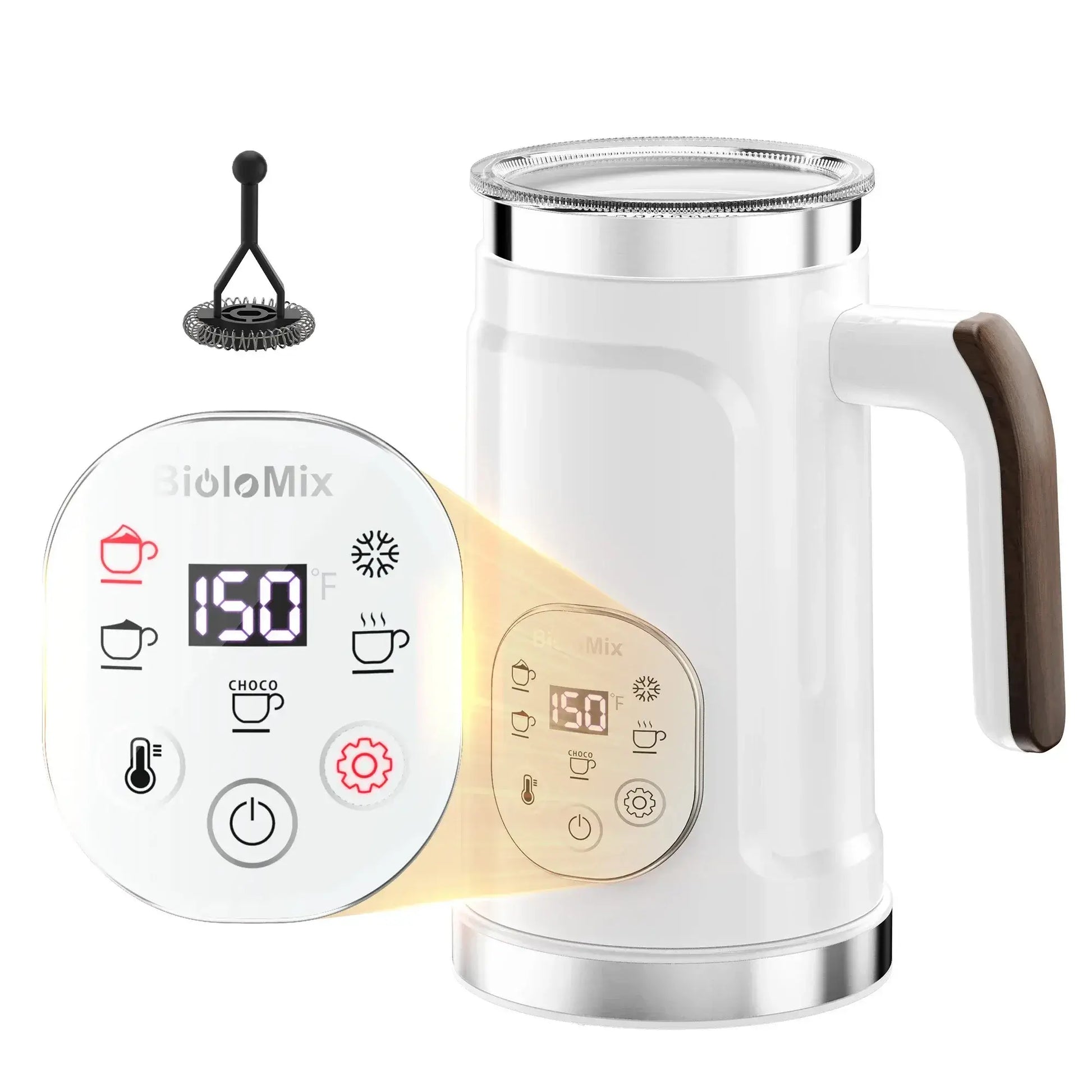 Milk Frother – Cafe-Quality Foam + 5-in-1 Function: BioloMix white electric frother with LED display and whisk