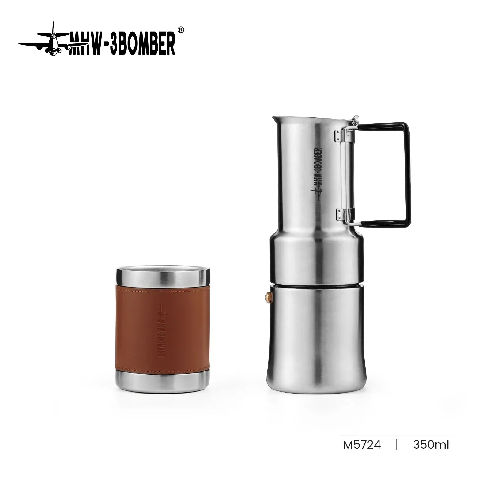 Stainless Steel Moka Pot – Rich Coffee + Foldable Handle camping moka pot 350ml with integrated cup and foldable handle
