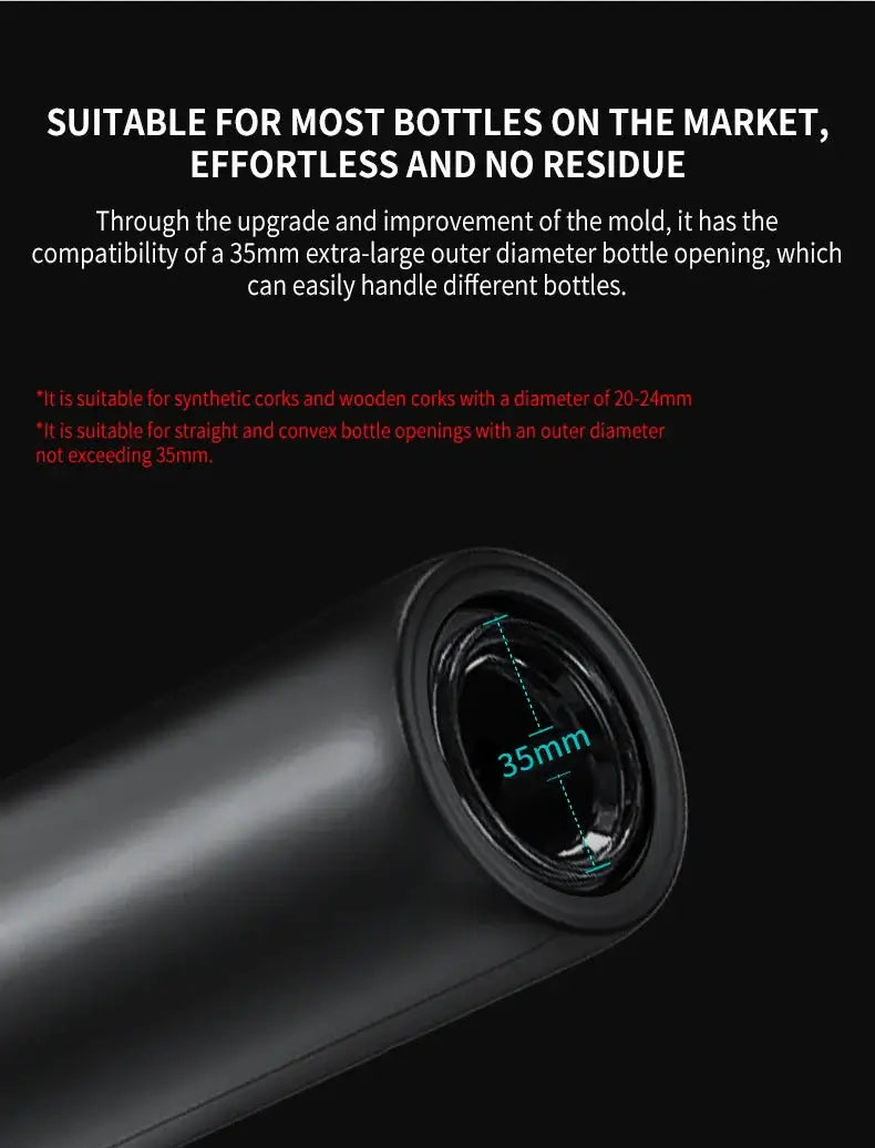 Electric wine opener set compatible with various bottle sizes and designed for easy use with 35mm opening.