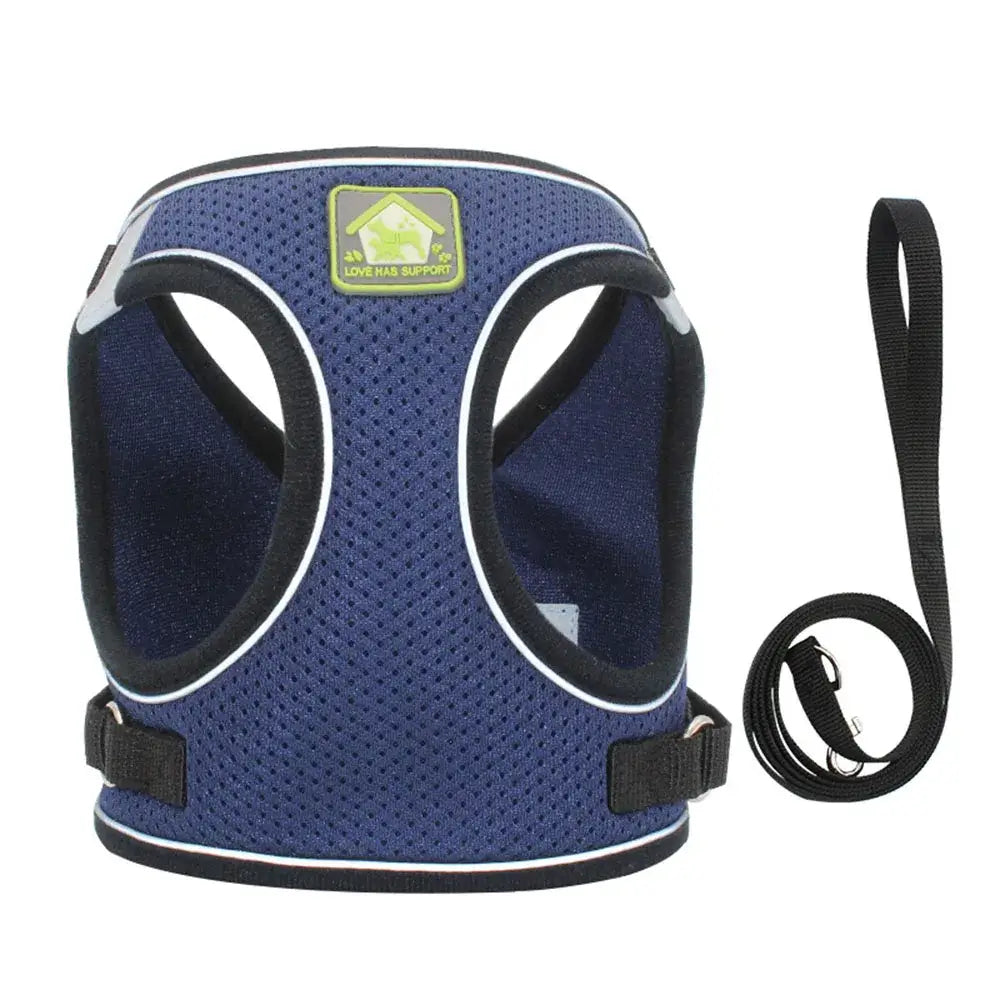Pet Harness And Leash Set Adjustable Breathable Escape Proof Vest Reflective Collar For Dogs And Cats navy breathable escape-proof vest with leash