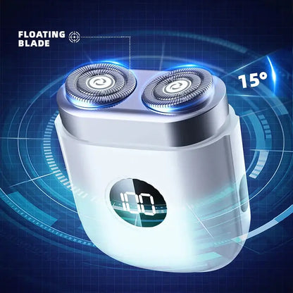 Rechargeable beard shaver with floating blades for a close shave and digital display indicator.