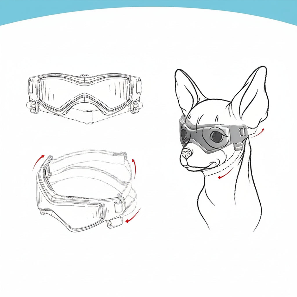 UV Protection Dog Adjustable Sunglasses For Outdoors designed for pets featuring adjustable straps and curved lens for eye coverage.