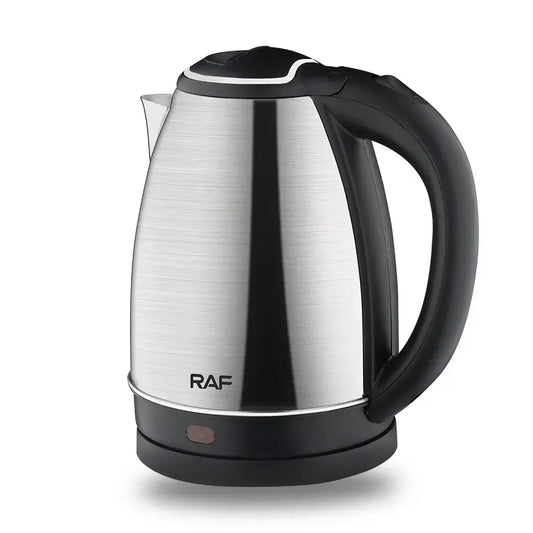 2L stainless steel electric kettle with black handle and RAF logo, fast boil for tea or coffee