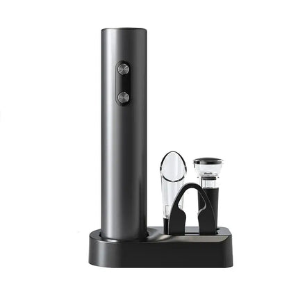 Electric wine opener set with automatic corkscrew, foil cutter, and aerator pourer on a sleek stand.