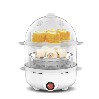 Fast electric egg and veggie cooker with double-layer design for steaming eggs, corn, and buns.