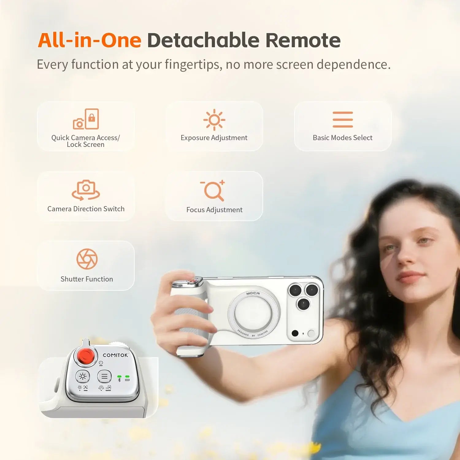Magnetic Phone Grip With Remote Control and Handle Stabilizer showing detachable Bluetooth remote and one-handed smartphone hold for steadier photos