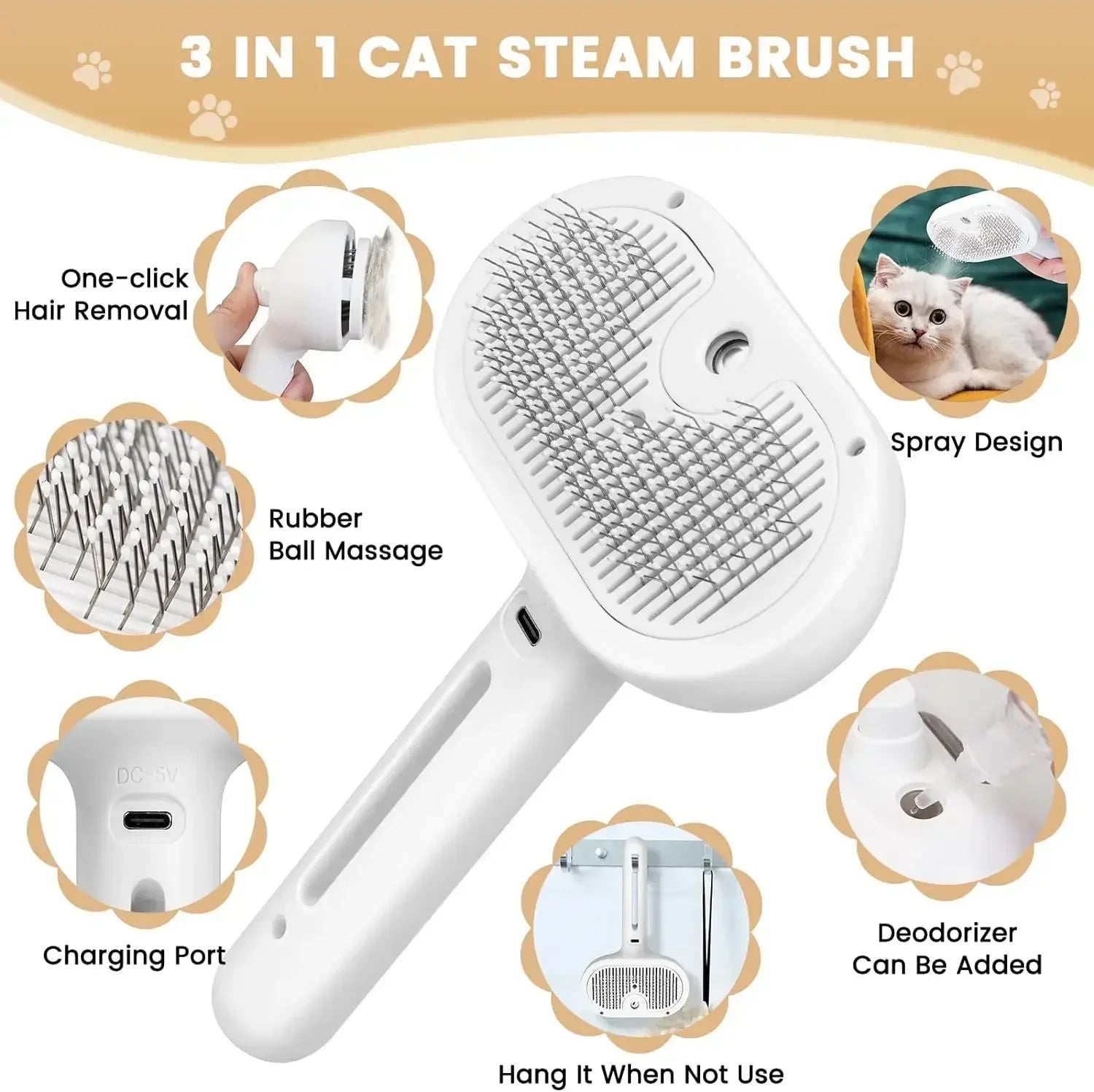 Multifunctional pet grooming tool features steam brush, hair removal, and spray design for cats and dogs.