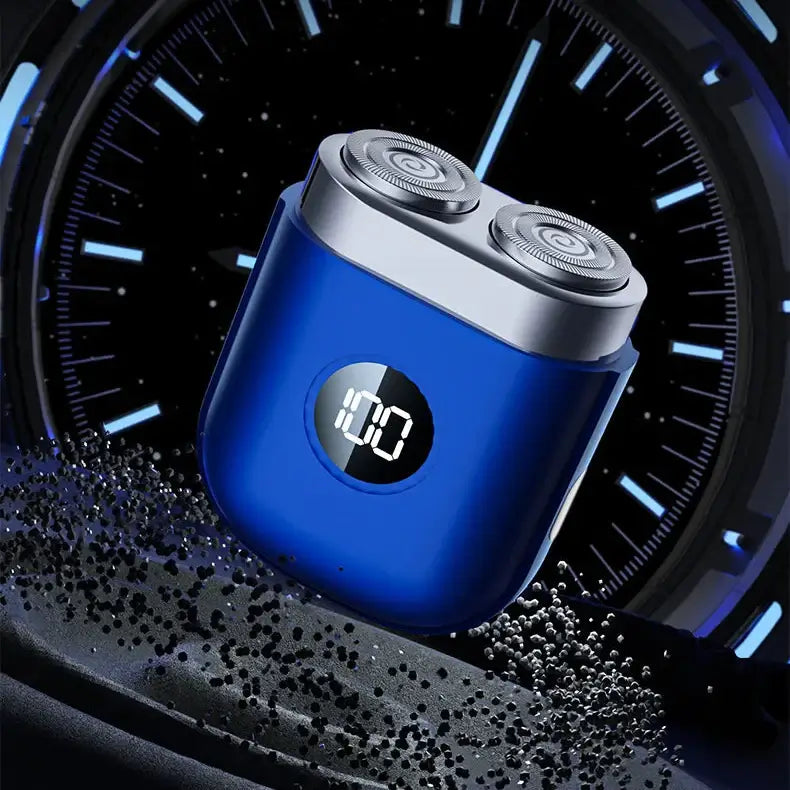 Rechargeable beard shaver with dual-head rotary design, displayed in blue, showing waterproof and compact features.