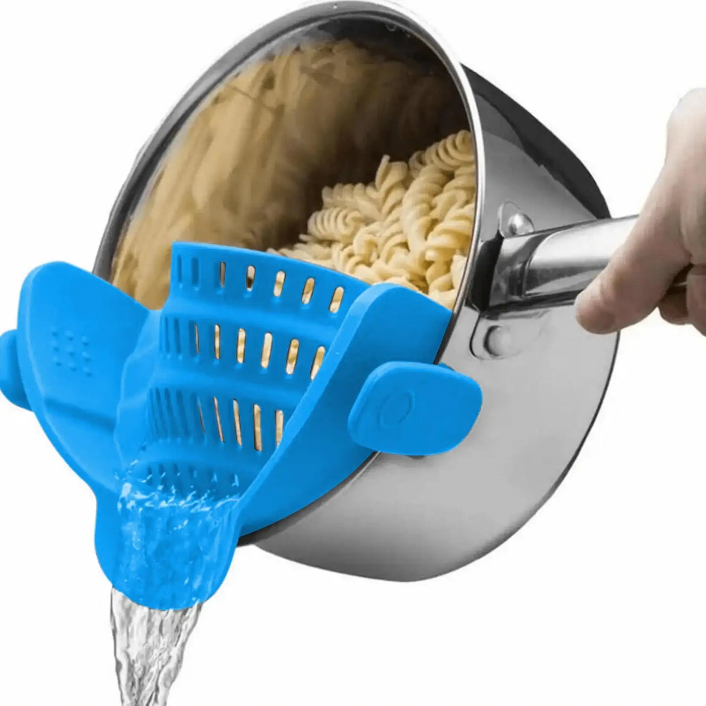 Pot Strainer – Mess-Free Draining + Clip-On Adjustable Stainless Steel attached to pot draining pasta, blue clip-on silicone strainer