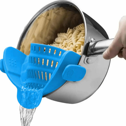 Pot Strainer – Mess-Free Draining + Clip-On Adjustable Stainless Steel attached to pot draining pasta, blue clip-on silicone strainer