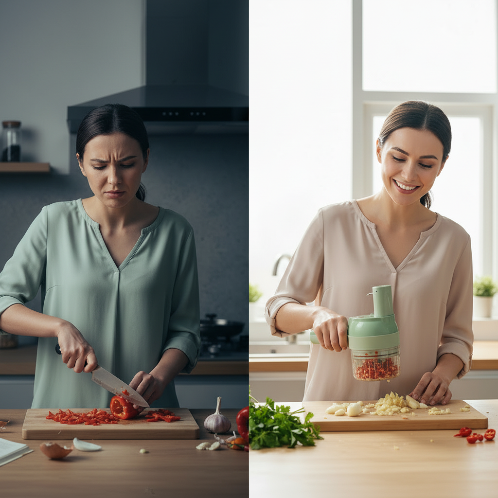 A woman chopping vegetables on the left and using a 4-in-1 portable food processor on the right in a modern kitchen.