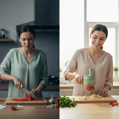 A woman chopping vegetables on the left and using a 4-in-1 portable food processor on the right in a modern kitchen.