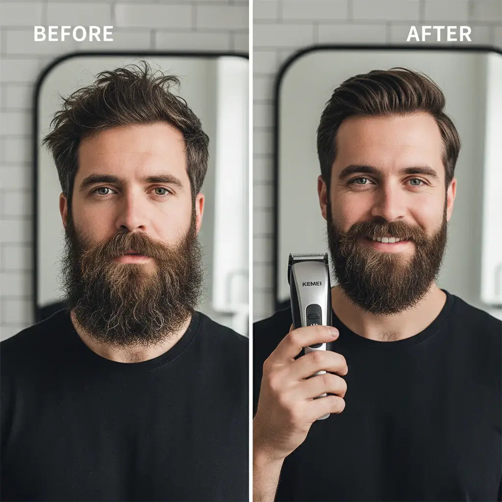 Kemei hair trimmer set with attachments and packaging on a white background